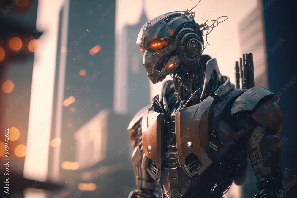 The robot is in a big city. AI generative. The robot is in a big city. AI generative.