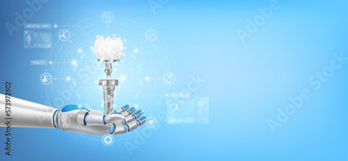 Tooth dental implant float away from in robot hand. Futuristic medical cybernetic robotics technology. Innovation artificial intelligence robot assist care health. With copy space for text. 3D Vector