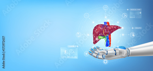 Liver float away from in robot hand. Futuristic medical cybernetic robotics technology. Innovation artificial intelligence robot assist care health. With copy space for text. ฺRealistic 3D Vector.
