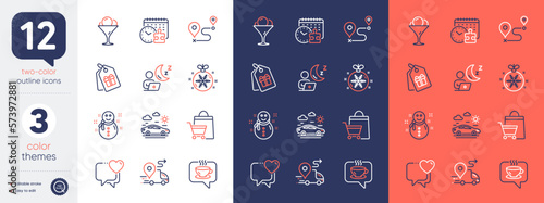 Set of Coffee, Car travel and Ice cream line icons. Include Heart, Shift, Coupons icons. Sale bags, Snowman, Delivery web elements. Journey, Christmas ball, Puzzle time. Cafe, Transport. Vector