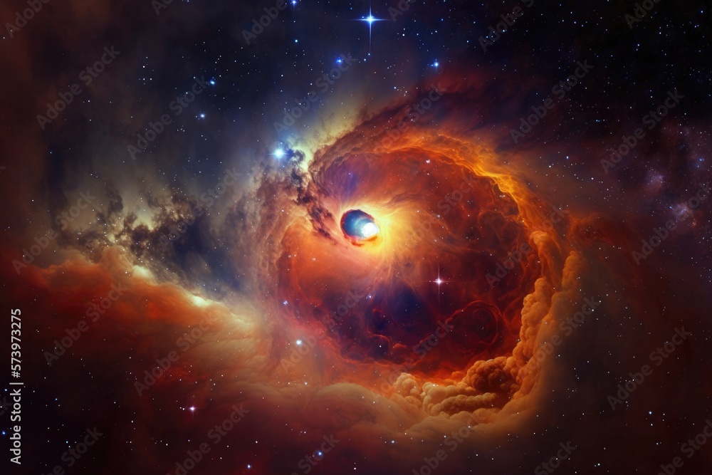 space background features a stunning view of a massive red giant star with swirling clouds of gas and dust - generative ai