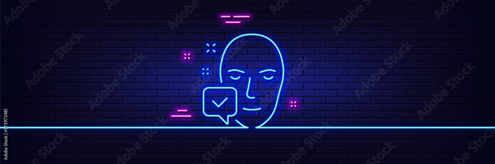 Neon light glow effect. Face accepted line icon. Access granted sign. Facial identification success symbol. 3d line neon glow icon. Brick wall banner. Face accepted outline. Vector Neon light glow effect. Face accepted line icon. Access granted sign. Facial identification success symbol. 3d line neon glow icon. Brick wall banner. Face accepted outline. Vector