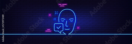 Neon light glow effect. Face accepted line icon. Access granted sign. Facial identification success symbol. 3d line neon glow icon. Brick wall banner. Face accepted outline. Vector