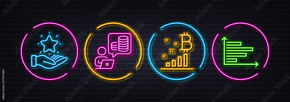 Loyalty program, Budget accounting and Bitcoin graph minimal line icons. Neon laser 3d lights. Horizontal chart icons. For web, application, printing. Vector