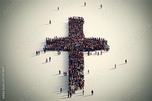 A large group of people standing around a cross shaped object in the sky with a sky background editorial illustration a stock photo unilalianism photo