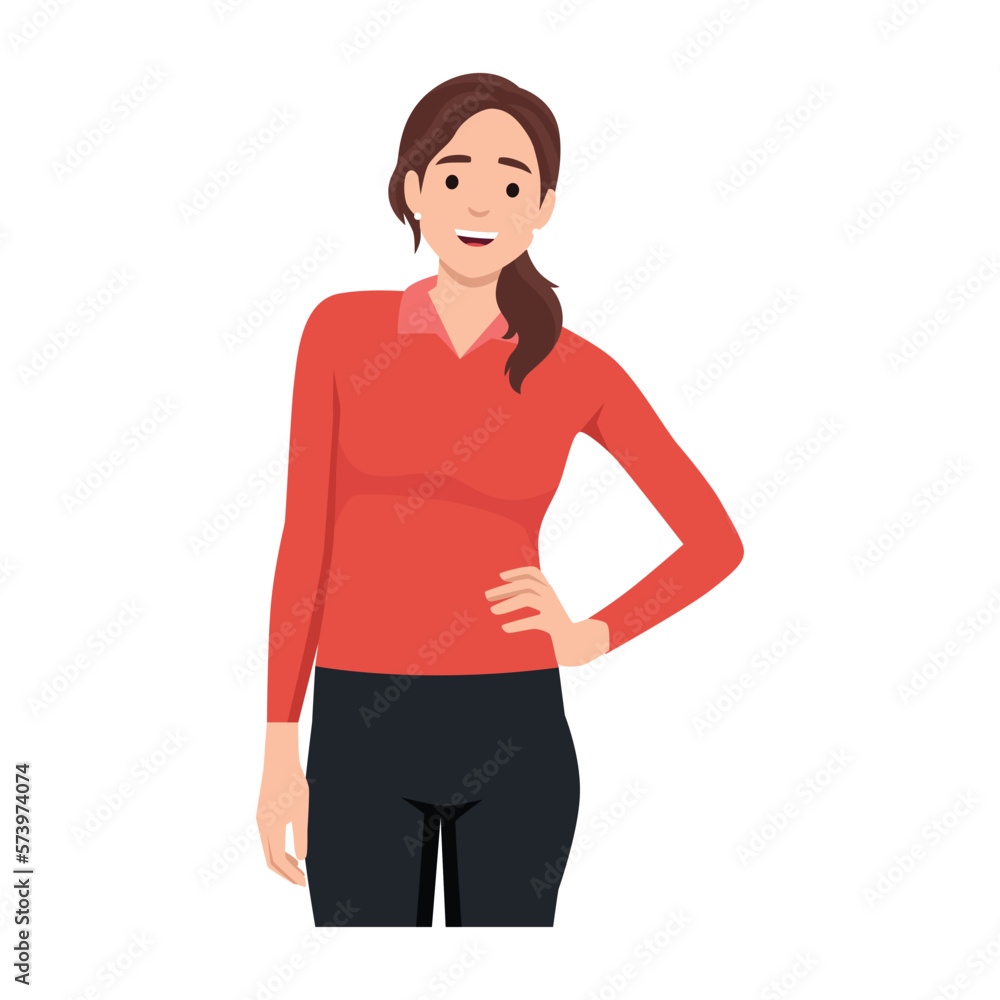 Young cheerful woman keeping hands on her hips. Bright girl smiling, looking straight and confident. . Flat vector illustration isolated on white background Young cheerful woman keeping hands on her hips. Bright girl smiling, looking straight and confident. . Flat vector illustration isolated on white background
