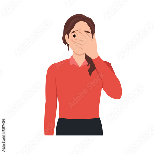 Young brunette woman covering her face with hand ashamed. Flat vector illustration isolated on white background