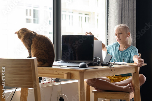 Teenage school boy student studying online on laptop near playful cat. Online education, pet loved concept. © zhennyzhenny
