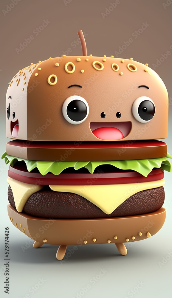 3D Cute Cartoon Hamburguer Character. AI generative. 3D Cute Cartoon Hamburguer Character. AI generative.
