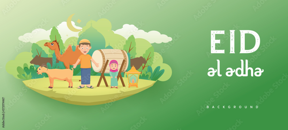 Fototapeta premium Eid Al Adha Banner Design Cartoon Kid Muslim With Animals Green Color