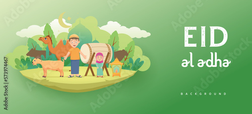 Eid Al Adha Banner Design Cartoon Kid Muslim With Animals Green Color