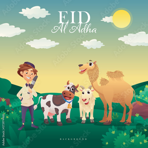 Eid Adha Muslim Boy with Animals Cartoon Character Vector Illustration
