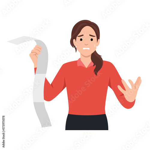 Financial theme with weary and shocked woman holding perusing the very long bill. Financial problem concept with woman feeling shocked from her overspending. Flat vector illustration isolated on white
