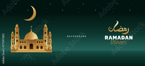 Ramadan Kareem in Arabic Text Banner Design Template Golden Mosque Vector Illustration