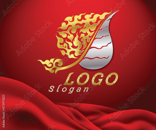 Bodhi leaf logo lai Thai luxury styles gold sliver on red background vector, Symbols of Buddhism