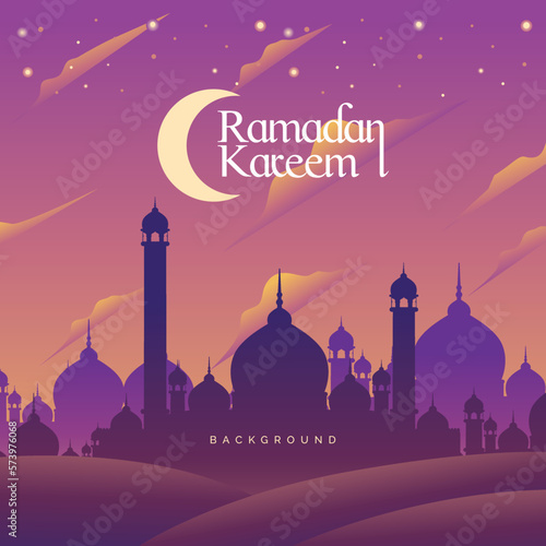 Ramadan Kareem Mosque Under Crescent Moon Beauty Sky Purple Pink Yellow Cartoon Illustration