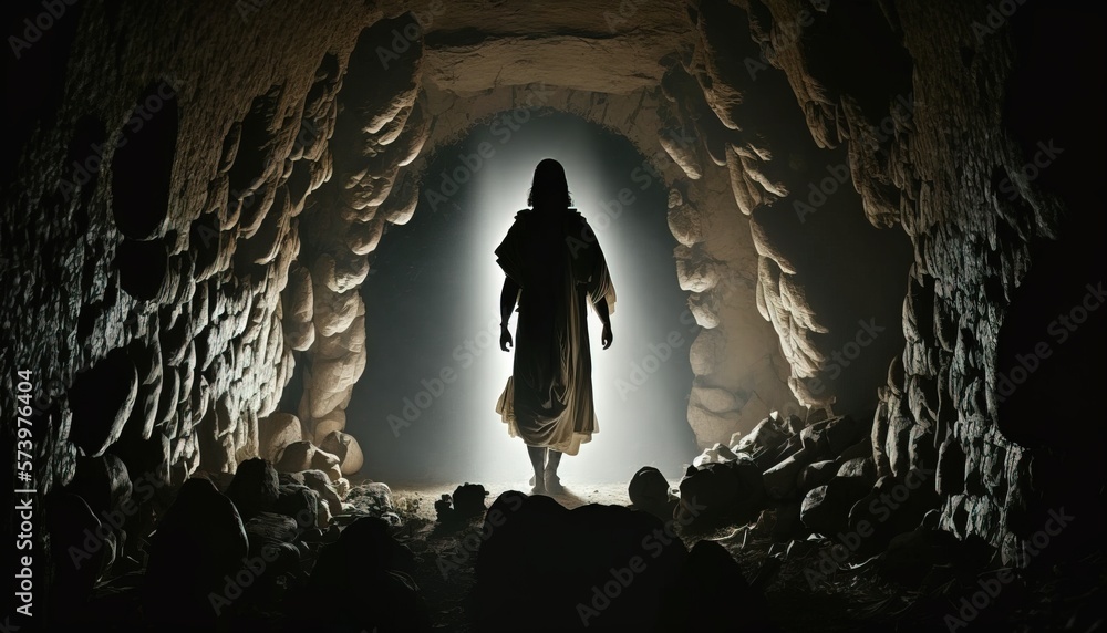 A person standing in a cave with a light at the end of it's tunnel ...