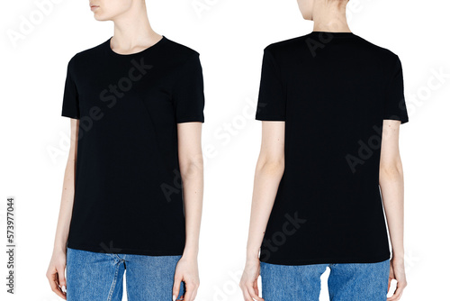 women's t-shirt on the model on both sides on a white background isolated