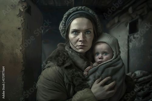 Ai illustration of a mother and her small baby in a shelter 