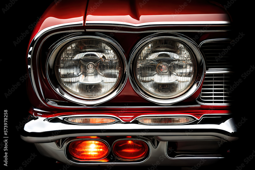 Classic red muscle car front headlight