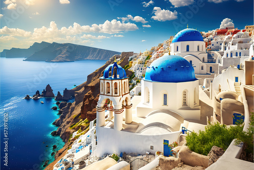 Beautiful Oia town on Santorini island, Greece. Traditional white architecture and greek orthodox churches with blue domes over the Caldera, Aegean sea. Scenic travel background
