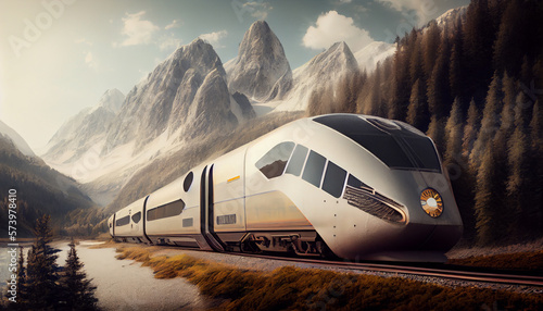 Futuristic Future Trains Driving in the Mountains - Generative AI