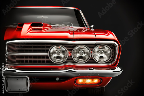 Classic red muscle car front headlight