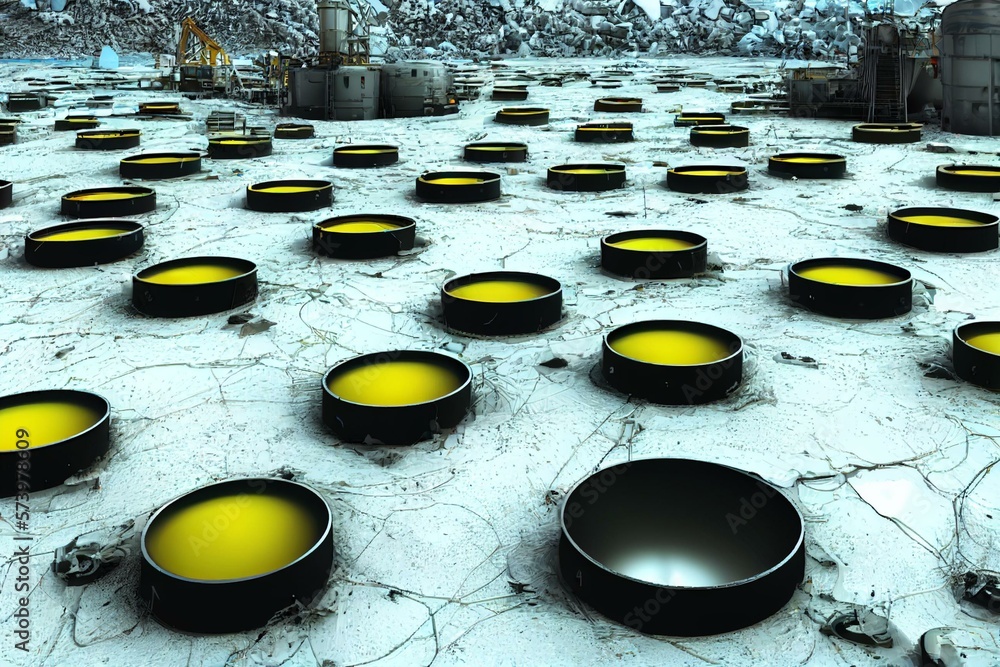 Concept disposal of radioactive waste in Antarctica of Earth pollution. Yellow barrels for