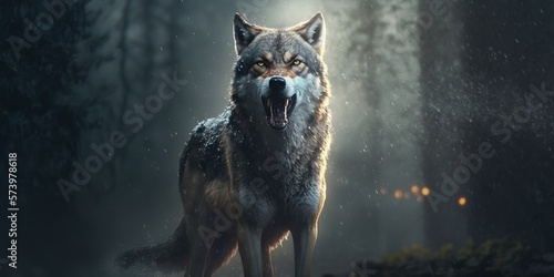 Foto A wolf standing in the middle of a forest with its mouth open and it's teeth out