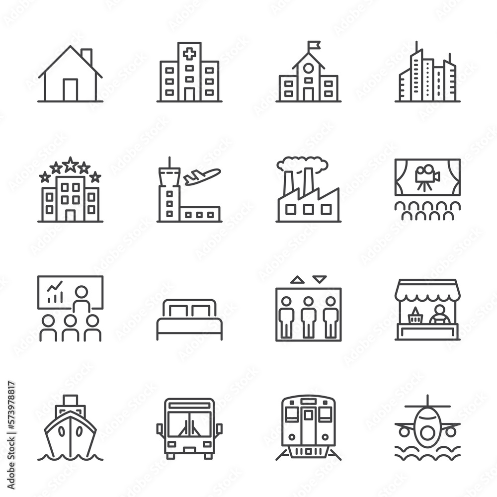 place and location icon sets, simple thine line icons