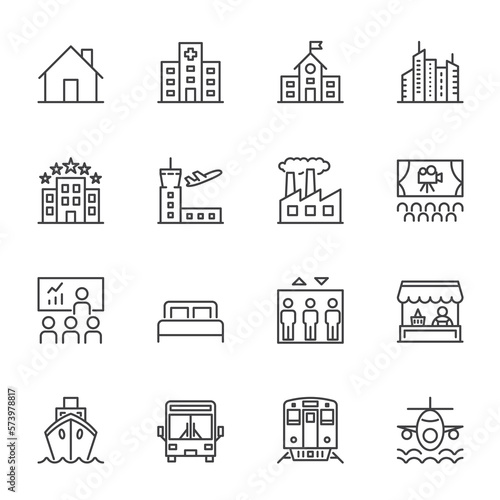 place and location icon sets, simple thine line icons