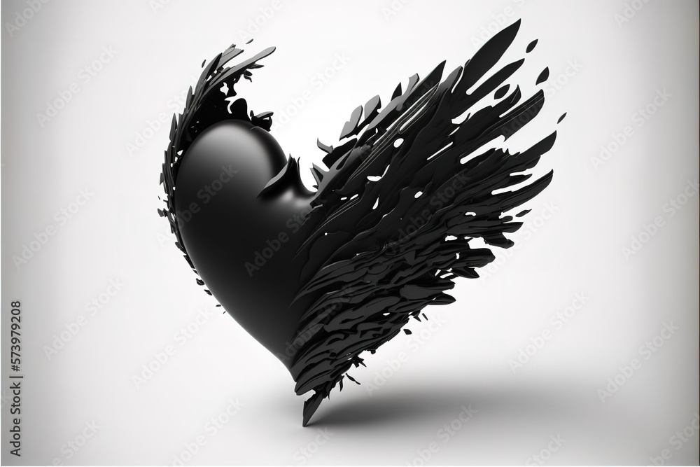 black heart with wings isolated on white. Illustration of a broken heart flying Stock