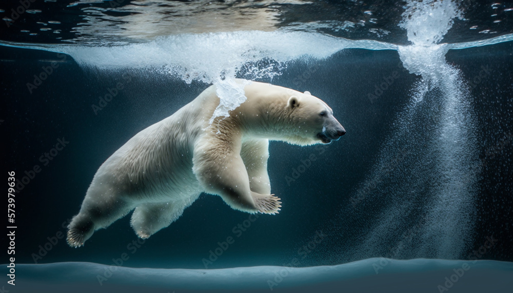 White Polar Bear Jumping in a Crystal Clear Water - Generative AI