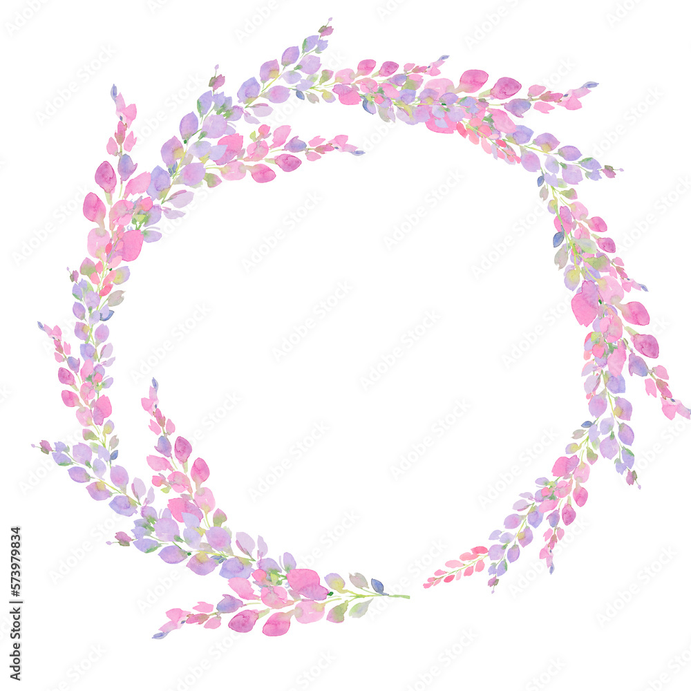 pink and purple wisteria frame, branches and flowers, watercolor illustration. pink and purple wisteria frame, branches and flowers, watercolor illustration.