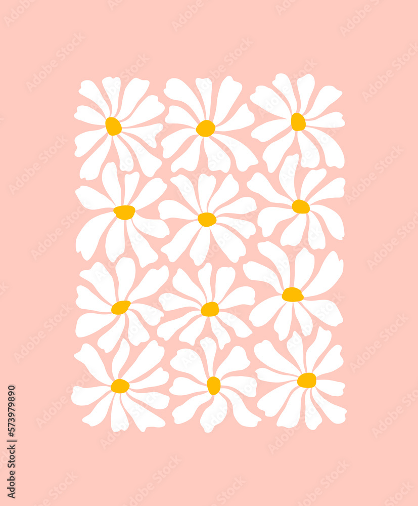 Naklejka premium Groovy daisy flowers pattern. Minimalistic illustration of chamomile flowers in trendy Matisse style. Botanical abstract art poster.