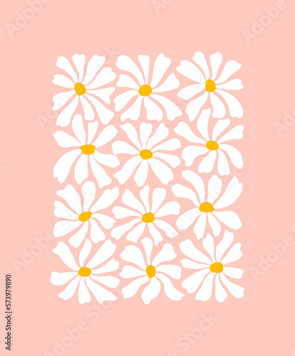 Groovy daisy flowers pattern. Minimalistic illustration of chamomile flowers in trendy Matisse style. Botanical abstract art poster.