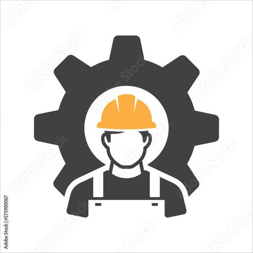 Safety worker icon. Industrial worker icon. Construction Safety icon vector. Man and gear icon. Vector illustration