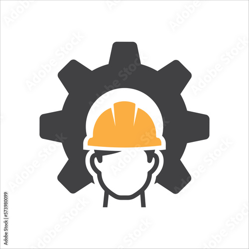 Safety worker icon. Industrial worker icon. Construction Safety icon vector. Man and gear icon. Vector illustration