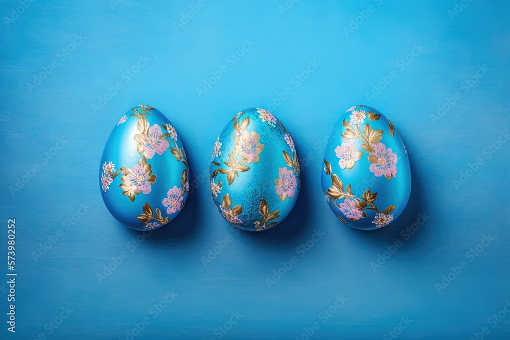 three blue decorated eggs on a blue surface with pink flowers. generative ai three blue decorated eggs on a blue surface with pink flowers. generative ai