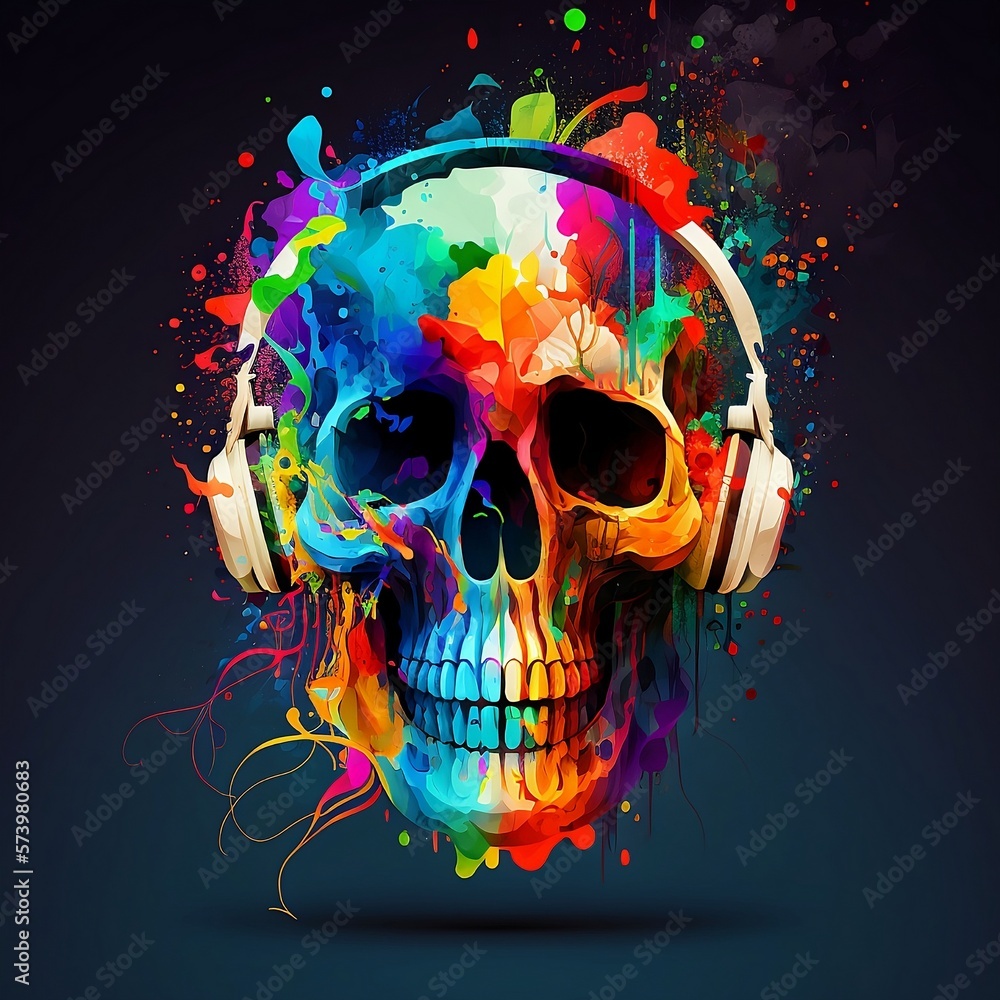 Creative music background. Colorful human skull wearing headphones on bright background. Created with Generative AI Creative music background. Colorful human skull wearing headphones on bright background. Created with Generative AI