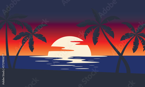 Sunset tropical beach with palm trees and sea. Nature landscape and seascape. 