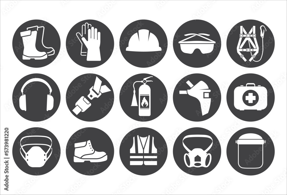 Safety Construction equipment icon set. Construction manufacturing and engineering health and safety icon set. Safety icon pack. Vector illustration Safety Construction equipment icon set. Construction manufacturing and engineering health and safety icon set. Safety icon pack. Vector illustration