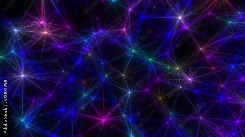 A vanishing web of connections. Multicoloured neon lines gradually disappear from the thick weave against the black background. A vanishing web of connections. Multicoloured neon lines gradually disappear from the thick weave against the black background.