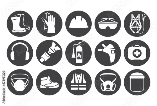 Safety Construction equipment icon set. Construction manufacturing and engineering health and safety icon set. Safety icon pack. Vector illustration photo