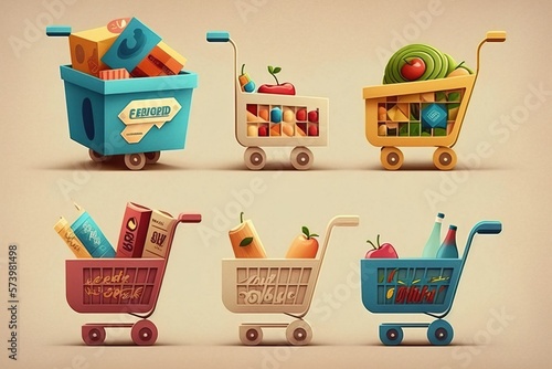 A set of four cartoon shopping carts with different items in them all in different colors colorful flat surreal design a 3d render lyco art photo