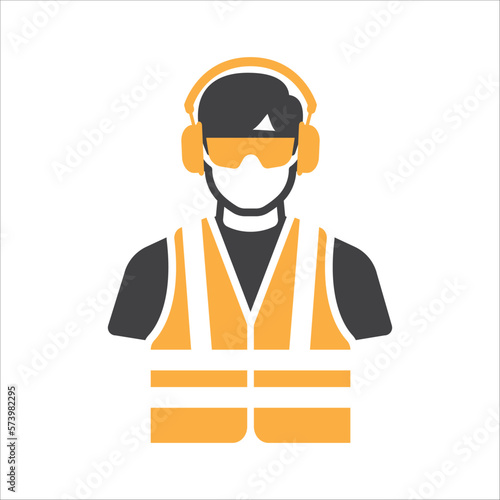 Construction Worker Icon vector. Safety icon Avatar With safety ear protection and safety vest and safety glasses. Builder man in a helmet icon. vector illustration