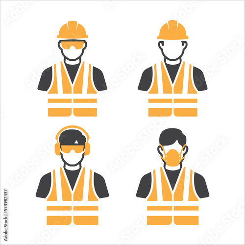 Construction Worker Icon vector set. Safety icon Avatar set. Builder man in a helmet, safety glasses, mask, safety vest, ear protection icon. vector illustration
