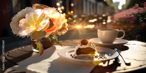 romantic sunsetin city, caffee ,cup of coffee ,sweet cake and flowers on table ,romantic couple relaxing  generated ai photo