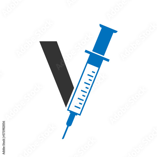 Letter V Injection Logo Design Vector Template. Healthcare Logotype