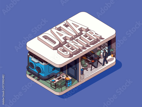 Data center concept in 3d isometric graphic design. Infrastructure for data computing, tech support work on hardware racks. Vector illustration with people in isometric room interior for web banner
